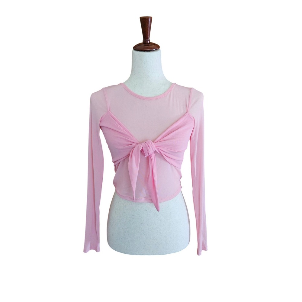 Material Girl Y2K Style Pink Mesh‎ Tie Front Crop Top Sheer Stretchy Medium